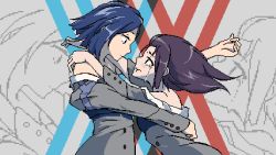 Rule 34 | 10s, 2girls, darling in the franxx, face-to-face, hug, ichigo (darling in the franxx), ikuno (darling in the franxx), looking at another, lowres, miko embrace, multiple girls, off shoulder, tears, yuri, zoom layer