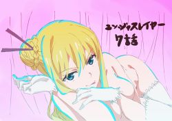 Rule 34 | 10s, 1girl, blonde hair, blue eyes, braid, breasts, gloves, gradient background, hair bun, hair ornament, hair stick, highres, lace, lace-trimmed gloves, lace-trimmed legwear, lace trim, long hair, nancy lee, ninja slayer, no nipples, saitou kengo, single hair bun, smile, solo, thighhighs, tongue, tongue out, white gloves, white thighhighs