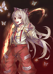 Rule 34 | 1girl, absurdres, bad id, bad pixiv id, bow, bug, butterfly, fire, fujiwara no mokou, gunjin (aguran), hair bow, highres, insect, long hair, pointing, pointing at viewer, red eyes, shirt, solo, suspenders, touhou, very long hair, white hair