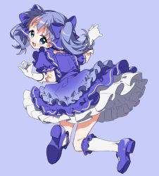 Rule 34 | 1girl, :d, blue background, blue bow, blue dress, blue eyes, blue footwear, blue hair, blush, bow, commentary request, dress, from behind, full body, gloves, hair bow, hands up, kneehighs, long hair, looking at viewer, looking back, nijisanji, open mouth, puffy short sleeves, puffy sleeves, shoe soles, shoes, short sleeves, simple background, smile, socks, solo, twintails, virtual youtuber, white gloves, white socks, yamabukiiro, yuuki chihiro, yuuki chihiro (1st costume)