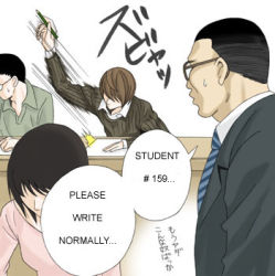 Rule 34 | ^^^, 1girl, 3boys, black hair, brown hair, death note, english text, glasses, hair over eyes, hard-translated, lowres, multiple boys, necktie, no eyes, parody, pencil, short hair, sitting, sweatdrop, text focus, third-party edit, translated, writing, yagami light