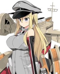 Rule 34 | 10s, 1girl, araki kanao, bare shoulders, bismarck (kancolle), blonde hair, blue eyes, blush, breasts, detached sleeves, hat, impossible clothes, kantai collection, large breasts, long hair, long sleeves, machinery, military, military uniform, peaked cap, simple background, solo, turret, uniform, white background