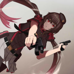 Rule 34 | 1girl, beret, black hair, black hat, casing ejection, cero (last2stage), dual wielding, finger on trigger, girls&#039; frontline, glock, glock 17 (girls&#039; frontline), gradient hair, gun, handgun, hat, holding, holding gun, holding weapon, long hair, looking at viewer, low twintails, miniskirt, multicolored hair, pantyhose, pink eyes, pink hair, pistol, pleated skirt, shell casing, skirt, smoke, smoking barrel, solo, twintails, two-tone hair, weapon, white skirt