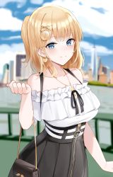 Rule 34 | 1girl, absurdres, bare shoulders, black skirt, blonde hair, blue eyes, blue sky, blurry, blurry background, blush, breasts, cleavage, collarbone, earrings, hair ornament, highres, hololive, hololive english, jewelry, large breasts, looking at viewer, necklace, shengtian, shirt, short hair, short ponytail, skirt, sky, smile, solo, virtual youtuber, watson amelia, watson amelia (street casual), white shirt