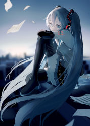 Rule 34 | 1girl, absurdres, arm support, black footwear, black skirt, black sleeves, blue eyes, blue hair, blue theme, blurry, blurry background, boots, closed mouth, depth of field, detached sleeves, floating, floating hair, floating object, from side, grey shirt, hair between eyes, hatsune miku, headset, highres, knee up, light smile, long hair, looking at viewer, looking to the side, on roof, outdoors, paper, pleated skirt, potetoneko, shirt, sitting, skirt, sleeveless, sleeveless shirt, solo, thigh boots, twintails, very long hair, vocaloid