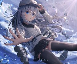 Rule 34 | 1girl, adjusting clothes, adjusting headwear, anchor print, black sailor collar, black skirt, black thighhighs, blue eyes, dfd, feet out of frame, flat cap, hat, hibiki (kancolle), highres, kantai collection, long hair, machinery, outstretched arm, outstretched hand, sailor collar, school uniform, serafuku, shirt, silver hair, skirt, star (symbol), star print, sunlight, thighhighs, torpedo launcher, torpedo tubes, verniy (kancolle), water, water drop, white shirt