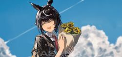 Rule 34 | 1girl, animal ears, artist name, asama (drift in), black hair, black jacket, blurry, blurry foreground, blush, bouquet, closed eyes, cloud, collared shirt, contrail, contrail (racehorse), flower, hair ornament, hairclip, highres, holding, holding bouquet, horse ears, jacket, medium hair, multicolored hair, necktie, open mouth, original, outdoors, red necktie, shirt, smile, solo, streaked hair, sunflower, tearing up, tears, umamusume, upper body, watermark, white shirt