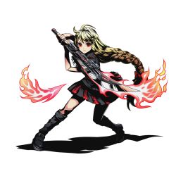 Rule 34 | 10s, 1girl, bediere (entaku no kishi), bedivere (divine gate), black footwear, black shirt, blonde hair, blouse, boots, bow, braid, divine gate, entaku no kishi, fire, full body, hair bow, holding, holding sword, holding weapon, long hair, looking at viewer, low-tied long hair, official art, pleated skirt, red bow, red eyes, shadow, shirt, short sleeves, single braid, skirt, solo, standing, sword, transparent background, ucmm, very long hair, weapon