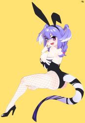 Rule 34 | 1girl, absurdres, alternate costume, animal ears, arm under breasts, back, bandaged arm, bandages, black footwear, black leotard, blue eyes, braid, breasts, clothing cutout, cow coconut, dragon tail, fake animal ears, fang, fishnet pantyhose, fishnets, hair ornament, hairclip, hand on own face, head wings, heterochromia, high heels, highres, large breasts, leotard, nijisanji, nijisanji en, no shoes, open mouth, pantyhose, playboy bunny, purple eyes, purple hair, rabbit ears, selen tatsuki, shoes, signature, simple background, single shoe, solo, strapless, strapless leotard, tail, tail through clothes, twin braids, virtual youtuber, wings, yellow background