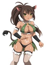 Rule 34 | 1girl, animal ears, boar (sakura dungeon), breasts, clenched hands, dark skin, feet out of frame, game cg, long hair, revealing clothes, sakura dungeon, simple background, solo, tagme, white background