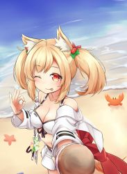 Rule 34 | 1girl, :p, animal ears, arknights, back bow, beach, bikini, bikini skirt, blonde hair, blush, bow, breasts, cleavage, cowboy shot, crab, food, front-tie bikini top, front-tie top, hair bobbles, hair ornament, hand up, highres, holding, holding food, ice cream, incoming food, klaius, large breasts, looking at viewer, medium hair, miniskirt, ocean, official alternate costume, ok sign, one eye closed, red bow, red eyes, sand, skirt, smile, solo, sora (arknights), sora (summer flowers) (arknights), standing, starfish, swimsuit, swimsuit cover-up, tongue, tongue out, twintails, white bikini, white skirt, wristband