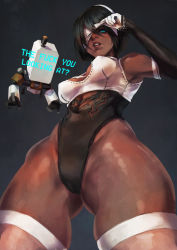 Rule 34 | 1girl, 2b (nier:automata), 2p (nier:automata), absurdres, alternate color, black background, black hair, black leotard, black sleeves, blindfold, blindfold lift, blue eyes, breasts, cleavage cutout, clothing cutout, covered erect nipples, curvy, dark-skinned female, dark skin, detached sleeves, drone, elbow gloves, english text, female focus, from below, gloves, gluteal fold, hair over one eye, hairband, highleg, highleg leotard, highres, leotard, lips, looking at viewer, medium breasts, mole, mole under mouth, monori rogue, nier:automata, nier (series), no pants, nose, parted lips, player 2, pod (nier:automata), profanity, shiny skin, short hair, skindentation, solo focus, soul calibur, soulcalibur, soulcalibur vi, thick thighs, thigh strap, thighs, thong leotard, white blindfold, white gloves, white hairband, wide hips