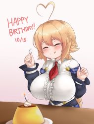 Rule 34 | 1girl, ahoge, blazblue, blush, braid, braided ponytail, breasts, candle, dated, deadman (4chan), es (xblaze), closed eyes, facing viewer, food, frills, hair between eyes, happy birthday, heart, heart ahoge, highres, holding, holding spoon, huge breasts, indoors, licking lips, long hair, long sleeves, pudding, solo, spoon, standing, table, tongue, tongue out, xblaze