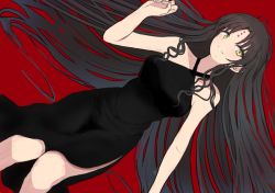 Rule 34 | 1girl, bare arms, bare shoulders, black dress, black hair, blush, breasts, commentary request, dress, dutch angle, facial mark, fate/grand order, fate (series), forehead mark, hinomaru (futagun), large breasts, long hair, parted bangs, parted lips, red background, sessyoin kiara, simple background, sleeveless, sleeveless dress, solo, very long hair, yellow eyes