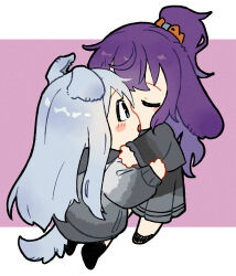 2girls animal_ears asahina_mafuyu blue_eyes blush cheek-to-cheek chibi commentary_request dog_ears dog_tail dress fofireee grey_dress grey_hair heads_together highres hug implied_kiss long_hair multiple_girls official_alternate_costume ponytail project_sekai purple_hair scrunchie socks tail very_long_hair white_socks yoisaki_kanade yuri