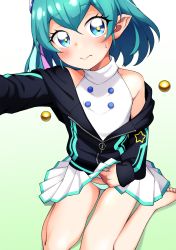 Rule 34 | 1girl, barefoot, black jacket, blue eyes, blue hair, blush, closed mouth, clothes lift, commentary request, hagoromo lala, hayashi keita, highres, jacket, lifted by self, long sleeves, looking at viewer, panties, pleated skirt, pointy ears, precure, reaching, reaching towards viewer, selfie, short hair, sitting, skirt, skirt lift, solo, star-shaped pupils, star (symbol), star twinkle precure, striped clothes, striped panties, symbol-shaped pupils, turtleneck, underwear, wariza, white skirt, zipper