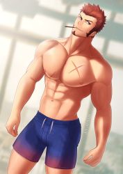 Rule 34 | 1boy, abs, absurdres, alternate costume, bara, beard, blue eyes, blue male swimwear, blue swim trunks, brown hair, cowboy shot, drawstring, facial hair, fate (series), highres, large pectorals, long sideburns, looking to the side, male focus, male swimwear, mikicat, muscular, napoleon bonaparte (fate), nipples, pectorals, scar, sideburns, simple background, smile, solo, standing, swim trunks, swimsuit, upper body