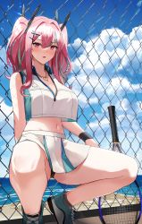 Rule 34 | 1girl, azur lane, bare shoulders, beach, black panties, blue sky, blush, breasts, bremerton (azur lane), bremerton (scorching-hot training) (azur lane), chain-link fence, crop top, crop top overhang, day, fence, highres, jewelry, large breasts, long hair, looking at viewer, necklace, ocean, panties, pink eyes, pink hair, racket, shoes, shore, sidelocks, sky, sneakers, solo, sportswear, spread legs, sweat, tennis racket, tennis uniform, tio (005), twintails, two-tone shirt, two-tone skirt, underwear, wristband