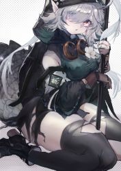 1girl, absurdres, aburiengawa3150, arknights, black footwear, black gloves, black legwear, boots, crocodilian tail, detached sleeves, flower, gloves, goggles, goggles around neck, green shirt, grey hair, hair over one eye, highres, holding, holding staff, hood, hood up, looking at viewer, open mouth, pointy ears, shirt, skindentation, solo, staff, symbol commentary, thighhighs, thighs, tomimi (arknights), torn clothes, torn legwear, white flower, yellow eyes