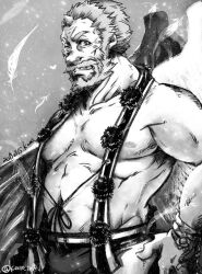 Rule 34 | 1boy, bara, beard, closed mouth, commentary request, facial hair, feathered wings, feathers, grey background, greyscale, hakama, heart, hogen (housamo), horns, japanese clothes, kano (kano to10), looking at viewer, male focus, monochrome, muscular, muscular male, nipples, old, old man, one eye closed, pectorals, pom pom (clothes), sash, short hair, single horn, smile, solo, thick eyebrows, tokyo houkago summoners, upper body, wings