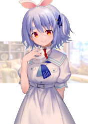 Rule 34 | 1girl, arm behind back, belt, blue hair, blue neckerchief, blue ribbon, choker, closed mouth, commentary request, dress, hair ornament, hair ribbon, highres, holding, hololive, looking at viewer, neckerchief, puffy short sleeves, puffy sleeves, red eyes, ribbon, sailor collar, short hair, short sleeves, smile, solo, standing, thick eyebrows, two side up, usada pekora, usada pekora (casual), valentine, virtual youtuber, white belt, white choker, white dress, white sailor collar, yoruillust
