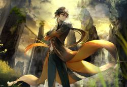 Rule 34 | 1boy, bird, black hair, black jacket, border0715, cloud, commentary request, crossed arms, feet out of frame, formal, frown, genshin impact, gradient hair, grass, highres, jacket, long hair, long jacket, looking at viewer, male focus, monument, multicolored hair, open clothes, open jacket, orange eyes, orange hair, orange sky, ponytail, shirt, sky, solo, suit, two-tone hair, very long hair, white shirt, zhongli (genshin impact)