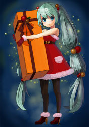 Rule 34 | 1girl, 39, bad id, bad pixiv id, blue eyes, box, gift, gift box, gloves, green hair, hatsune miku, highres, long hair, oaw, pantyhose, santa costume, solo, striped clothes, striped pantyhose, twintails, vertical-striped clothes, vertical-striped pantyhose, very long hair, vocaloid