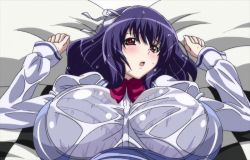 Rule 34 | 1girl, blush, bra, breasts, female focus, hair ribbon, huge breasts, long hair, looking at viewer, lying, on back, open mouth, purple hair, red eyes, ribbon, school uniform, screencap, see-through, seikon no qwaser, solo, stitched, third-party edit, underwear, upper body, wet, yamanobe tomo