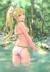 Rule 34 | 10s, 1girl, :d, aqua eyes, ass, bare shoulders, bikini, blonde hair, braid, breasts, dappled sunlight, day, forest, from behind, hair between eyes, halterneck, highres, kishida nica, leafa, long hair, looking at viewer, looking back, medium breasts, moss, nature, open mouth, outdoors, partially submerged, ponytail, rock, side-tie bikini bottom, side braid, sideboob, smile, solo, sunlight, swimsuit, sword art online, tree, v arms, wading, water, white bikini