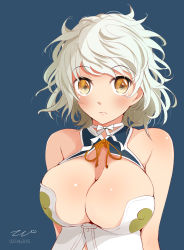 Rule 34 | 10s, 1girl, adapted costume, alternate hairstyle, asymmetrical hair, bare shoulders, blue background, breasts, cleavage, cleavage cutout, clothing cutout, cloud print, dated, halterneck, highres, kantai collection, large breasts, looking at viewer, short hair, silver hair, solo, tebi (tbd11), unryuu (kancolle), wavy hair, yellow eyes