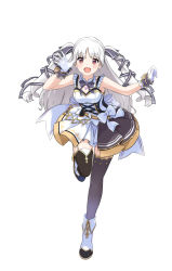 Rule 34 | 1girl, alternate costume, artia, biqi gu qi ku bi, blue footwear, breasts, cleavage, clenched hand, corrupted metadata, detached collar, grey hair, highres, hololive, hololive china, idol clothes, open mouth, parted bangs, red eyes, small breasts, smile, solo, thighhighs, two side up, virtual youtuber, waving, white background, white footwear, wrist cuffs