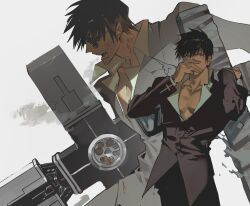 Rule 34 | 1boy, arm up, black hair, black jacket, black pants, cigarette, citronplanet, collared shirt, cowboy shot, cross punisher, grey eyes, hand up, highres, jacket, large cross, long sleeves, male focus, nicholas d. wolfwood, open mouth, pants, partially unbuttoned, pectoral cleavage, pectorals, profile, shirt, short hair, smoking, standing, sunglasses, trigun, white background, white shirt
