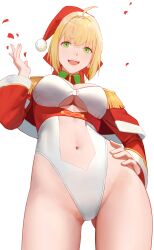 Rule 34 | 1girl, absurdres, ahoge, blonde hair, breasts, capelet, christmas, clothing cutout, cowboy shot, drid, falling petals, fate/extra, fate (series), from below, fur-trimmed capelet, fur-trimmed sleeves, fur trim, gluteal fold, green eyes, hand on own hip, hand up, hat, highleg, highleg leotard, highres, large breasts, leotard, long sleeves, looking at viewer, navel, navel cutout, nero claudius (fate), nero claudius (fate) (all), open mouth, petals, red hat, red sleeves, santa costume, santa hat, short hair, shrug (clothing), simple background, solo, teeth, underboob cutout, upper teeth only, white background, white leotard