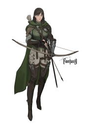 Rule 34 | 1girl, absurdres, archery, arm guards, armor, belt, boots, bow (weapon), cape, fantasy, fingerless gloves, gauntlets, gloves, highres, holding, holding weapon, leather armor, long hair, looking at viewer, medieval, original, shoulder armor, simple background, solo, sonech, standing, weapon