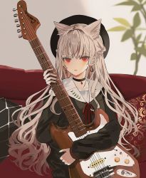 Rule 34 | 1girl, animal ears, black choker, black footwear, braid, chiemo (xcem), choker, couch, cushion, earrings, electric guitar, extra ears, fender stratocaster, french braid, grey hair, guitar, highres, holding, holding instrument, instrument, jewelry, long hair, long sleeves, open mouth, original, plant, red eyes, sitting, solo, upper body