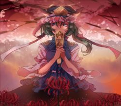 Rule 34 | 1girl, asymmetrical hair, blue eyes, cherry blossoms, covering own mouth, flower, green hair, hat, looking at viewer, ribbon, rod of remorse, shiki eiki, spider lily, surumeri (baneiro), touhou