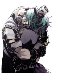 Rule 34 | 1boy, 1girl, bare shoulders, black gloves, black hair, crying, crying with eyes open, fingerless gloves, glasses, gloves, green eyes, green hair, hug, jacket, natto soup, pandoria (xenoblade), pointy ears, purple jacket, short hair, simple background, tears, white background, xenoblade chronicles (series), xenoblade chronicles 2, zeke von genbu (xenoblade)