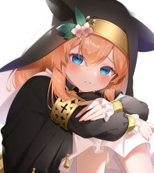 Rule 34 | 1girl, absurdres, aoitsuki, armlet, black dress, black headwear, blue archive, blue eyes, blush, commentary, crying, crying with eyes open, dress, frilled sleeves, frills, habit, half-closed eyes, highres, hugging own legs, long sleeves, looking at viewer, mari (blue archive), medium dress, medium hair, nun, orange hair, parted lips, simple background, sitting, tears, white background