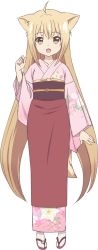 Rule 34 | 1girl, :d, animal ears, blonde hair, blush, character name, commentary request, copyright name, fang, fingernails, floral print, fox ears, full body, hair between eyes, highres, interlocked fingers, japanese clothes, kimono, konohana kitan, long hair, looking at viewer, official art, open mouth, pink background, pink kimono, print kimono, smile, solo, two-tone background, very long hair, white background, x-6, yellow eyes, yuzu (konohana kitan)