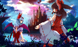 Rule 34 | 2girls, baisi shaonian, bat wings, blue hair, bow, brown hair, detached sleeves, dress, closed eyes, hair bow, hakurei reimu, highres, japanese clothes, lake, looking back, miko, multiple girls, partially submerged, ponytail, red eyes, remilia scarlet, sarashi, scarlet devil mansion, torn clothes, torn dress, touhou, wings