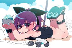 Rule 34 | 1girl, black bow, black one-piece swimsuit, blush stickers, bow, bow hairband, chibi, chibi inset, hair bow, hairband, highres, holding, looking at viewer, lying, mouth hold, on stomach, one-piece swimsuit, original, ponytail, purple eyes, purple hair, sandals, swimsuit, zankuro