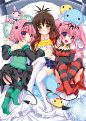 Rule 34 | 3girls, :p, bare shoulders, blush, breasts, brown hair, detached sleeves, fang, hairband, long hair, looking back, lying, momo velia deviluke, multiple girls, nana asta deviluke, naughty face, on back, open mouth, pillow, pink hair, purple eyes, short hair, siblings, sisters, skirt, small breasts, striped clothes, striped legwear, striped thighhighs, tail, thighhighs, to love-ru, tongue, tongue out, tougo, toy, twins, twintails, underboob, white thighhighs, yellow eyes, yuri, yuuki mikan