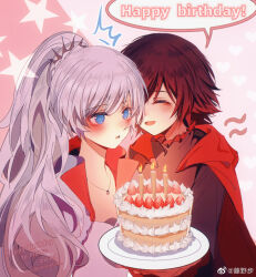 Rule 34 | 2girls, :d, :o, ^ ^, akane031, artist name, birthday, birthday cake, blue eyes, blush, cake, candlelight, cape, chinese commentary, closed eyes, commentary, english text, food, fruit, giving, happy, happy birthday, heart, heart background, highres, holding, holding plate, jewelry, long hair, multiple girls, open mouth, pendant, plate, ponytail, red cape, red hair, ruby rose, rwby, scar, scar across eye, short hair, smile, speech bubble, star (symbol), strawberry, watermark, weiss schnee, white hair
