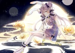 Rule 34 | 1girl, animal ears, arm support, bare arms, bell, black bow, boots, bou shaku, bow, breasts, china dress, chinese clothes, chrysanthemum, cleavage, double bun, dress, flower, full body, full moon, grey hair, hair bow, hair bun, hair flower, hair ornament, hexagram, highres, light particles, long hair, looking at viewer, moon, night, night sky, parted lips, rabbit ears, rabbit tail, ribbon, sitting, sky, sleeveless, sleeveless dress, solo, spider lily, star (sky), star (symbol), star of david, tail, tassel, thighhighs, twintails, very long hair, vocaloid, white flower, white footwear, white thighhighs, xingchen, yellow eyes, yellow flower