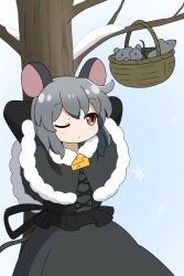 Rule 34 | 1girl, animal ears, arms behind head, bare tree, basket, black capelet, black dress, capelet, cheese, dress, food, grey hair, highres, looking at viewer, mouse (animal), mouse ears, mouse girl, nazrin, one eye closed, outdoors, red eyes, rizleting, short hair, snow, standing, touhou, tree