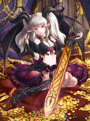 Rule 34 | 1girl, armor, bikini armor, black horns, black wings, breasts, bridal gauntlets, chain, coin, commentary request, dragon wings, frilled skirt, frills, full body, gem, gold, gold bar, grey hair, holding, holding sword, holding weapon, horns, jewelry, long hair, looking at viewer, natsuya (kuttuki), necklace, parted lips, pointy ears, purple skirt, red eyes, scale armor, scales, sitting, skirt, small breasts, smile, solo, sword, twintails, venus blade, weapon, wings, yokozuwari
