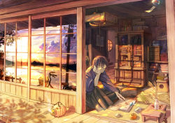 Rule 34 | 1boy, bicycle, black hair, book, book stack, com kom, drawer, glasses, hand on own head, holding, holding paintbrush, japanese clothes, kimono, looking away, male focus, original, paintbrush, power lines, quill, short hair, shosei, sitting, smoke, solo, table, vase, veranda