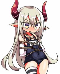 Rule 34 | 1girl, arms behind back, bdsm, blush, bondage, bound, curled horns, demon horns, emma august, hair between eyes, horns, kanikama, long hair, lowres, nijisanji, one-piece swimsuit, pointy ears, red horns, school swimsuit, shibari, shibari over clothes, simple background, single thighhigh, solo, striped clothes, striped thighhighs, swimsuit, thighhighs, virtual youtuber, white background, white hair, yellow eyes