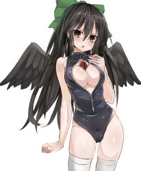 Rule 34 | 1girl, :o, bare shoulders, black hair, black wings, blush, bow, breasts, cleavage, female focus, front zipper swimsuit, greatmosu, hair bow, highres, large breasts, long hair, looking at viewer, meme attire, one-piece swimsuit, parted lips, reiuji utsuho, simple background, sketch, solo, swimsuit, symbol-shaped pupils, thighhighs, third eye, touhou, very long hair, white thighhighs, wings, zipper