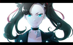Rule 34 | 1girl, absurdres, asymmetrical hair, bad id, bad pixiv id, black choker, black hair, black jacket, blue eyes, choker, chromatic aberration, closed mouth, collarbone, creatures (company), earrings, female focus, forehead, game freak, grey hair, hair ribbon, happy, highres, iogi (iogi k), jacket, jewelry, letterboxed, long hair, looking at viewer, marnie (pokemon), multicolored hair, nintendo, pink ribbon, pokemon, pokemon swsh, portrait, ribbon, simple background, single earring, smile, solo, straight-on, textless version, twintails, two-tone hair, undercut, upper body, v-shaped eyebrows, white background